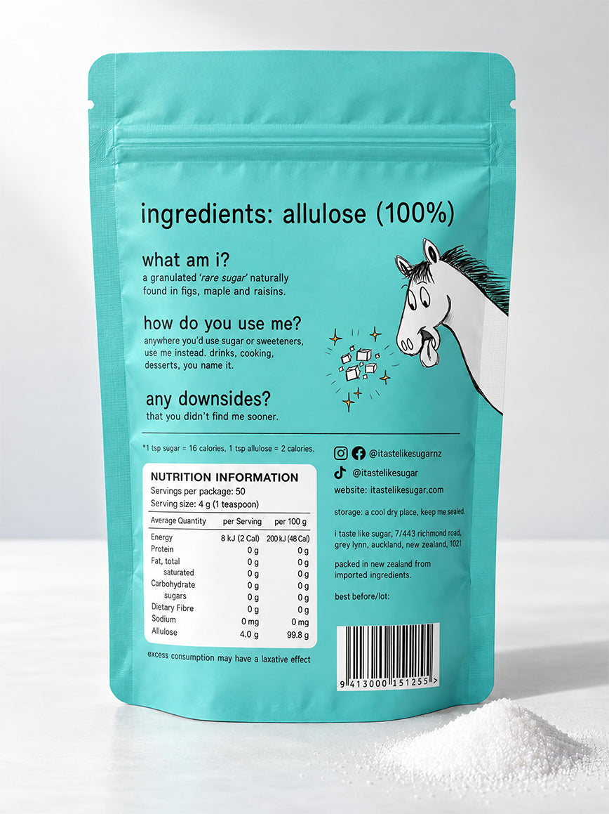 100% allulose, the natural alternative to sugar and sweeteners. back of a 200g I Taste Like Sugar pouch with nutrition chart