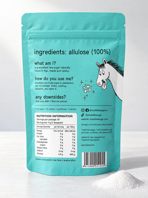 100% allulose, the natural alternative to sugar and sweeteners. back of a 200g I Taste Like Sugar pouch with nutrition chart